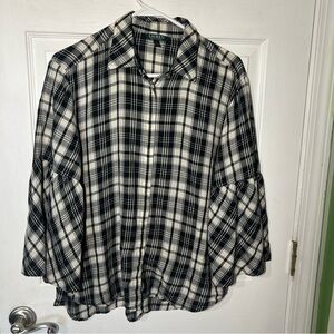 LAUREN RALPH LAUREN LRLPlaid Button Down Shirt Black White Bell Sleeve Large